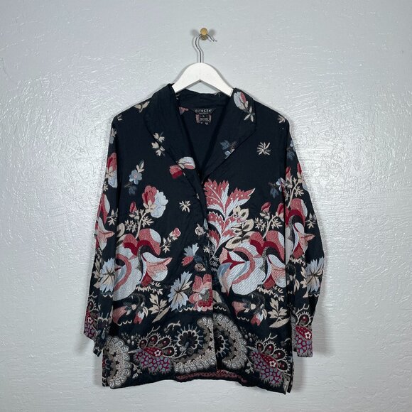 Citron Santa Monica Women XL Black Cream Pink Embroidered Floral Silk Jacket - Picture 1 of 9